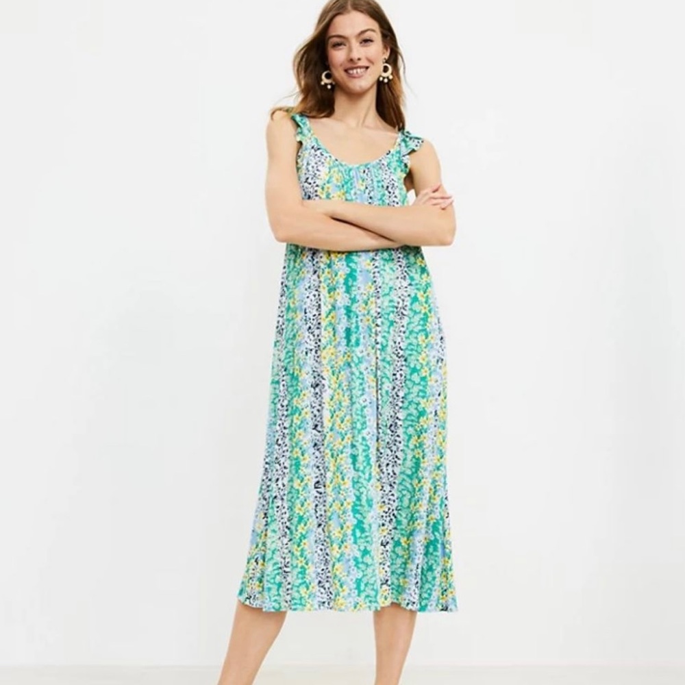 Loft Floral MIDI dress With Flutter Sleeves And Tie Belt